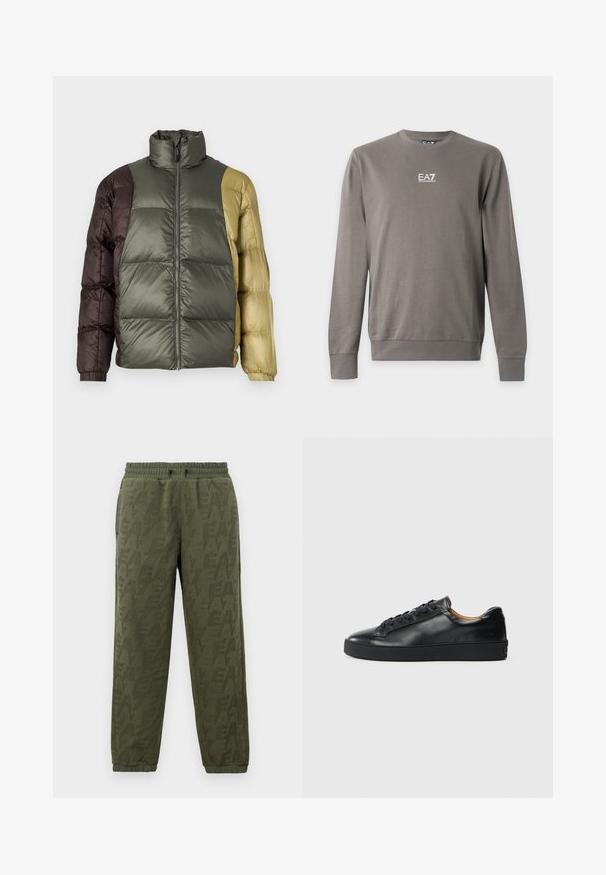 Veste matelassée colorée avec col haut, fermeture éclair avant et manches longues dans des teintes vert olive, marron et beige.; Sweat-shirt gris à manches longues avec col rond et logo EA7 Emporio Armani blanc sur la poitrine, poignets et ourlet côtelés.; Pantalons de jogging en polaire vert olive avec taille et poignets élastiques, présentant un motif logo EA7 ton sur ton subtil sur toute la surface.; Baskets en cuir noir avec une texture lisse, bout rond et fermeture à lacets. Comprend une semelle en caoutchouc épaisse et un minimum de détails de marque.