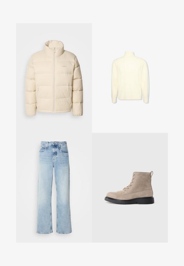 Doudoune beige avec un col haut, fermeture éclair et deux poches latérales. Présente un design matelassé et une texture douce et lisse.; Pull col roulé crème à manches longues avec des poignets côtelés et un logo discret sur la poitrine, présenté sur un fond blanc uni.; Jean large bleu clair à taille haute, avec une finition délavée, des passants de ceinture et un design classique à cinq poches. L'ourlet est brut.; Bottines en daim beige avec semelle en caoutchouc noir, design à lacets, et un petit logo embossé sur le côté, avec une languette à l'arrière.