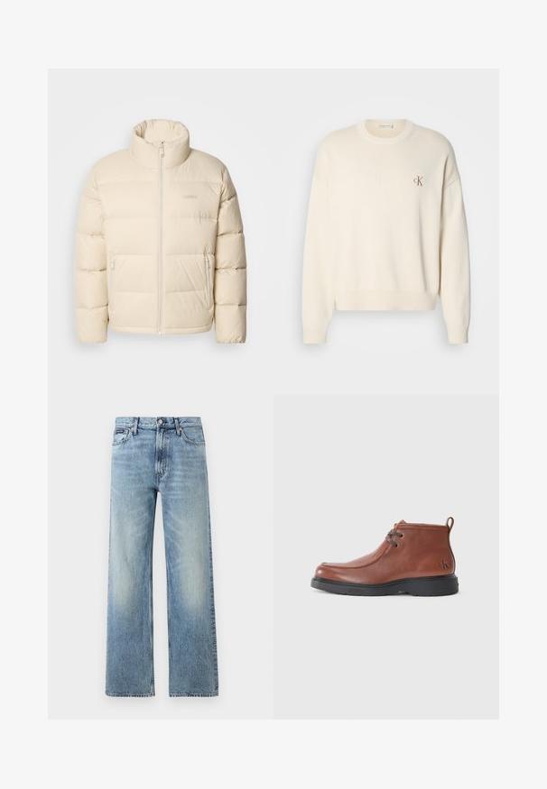 Doudoune beige avec un col haut, fermeture éclair et deux poches latérales. Présente un design matelassé et une texture douce et lisse.; Pull en tricot couleur crème avec une texture côtelée, col rond et épaules tombantes. Présente un petit logo brodé marron sur la poitrine.; Jean droit en denim bleu clair avec taille haute, cinq poches, fermeture à boutons et léger délavage sur les cuisses et les genoux.; Bottines en cuir marron avec une embout rond, des détails de lacets et une semelle en caoutchouc noire. Logo notable sur le talon et accents de couture.
