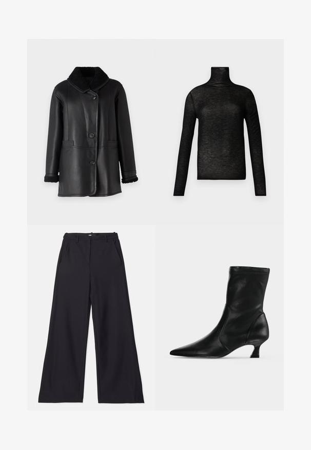 STUDIO ID NAPPA COAT - Nahkjakk - black silky; Mustast peenvillast, kerge tekstuuriga materjalist valmistatud kaelusega pika varrukaga top, millel on istuv lõige. Sile, minimalistlik stiil, ilma mustriteta.; Maje PIMANO - Püksid - noir; Mustast nahast keskvarskoobits terava otsa ja madala kitsekontsaga, külgvaates heledal ühevärvilisel taustal.