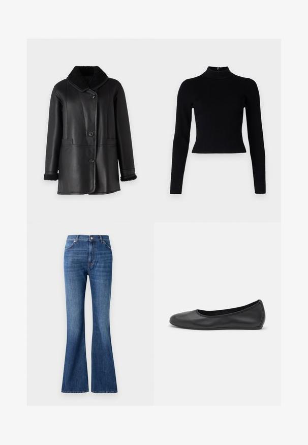 STUDIO ID NAPPA COAT - Lederjacke - black silky; Schwarzer gerippter Rollkragenpullover mit langen Ärmeln und taillierter Silhouette, der eine glatte Textur und einen Reißverschlussdetail auf der Rückseite aufweist.; Blaue Schlagjeans aus Denim, mit hoher Taille, fünf Taschen und einem subtilen Waschungseffekt nahe den Nähten.; Schwarze Leder-Ballettschuhe mit abgerundeter Spitze, glatter Textur, minimalen Nähdetails und einem flexiblen Sohlen-Design.
