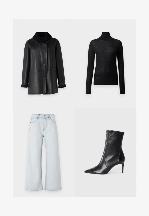 STUDIO ID NAPPA COAT - Δερμάτινο μπουφάν - black silky; Μαύρο μακρυμάνικο τοπ με λαιμόκοψη φούτερ, κατασκευασμένο από ελαφρύ ύφασμα, με εφαρμοστή σχεδίαση και ελάχιστες ραφές, ιδανικό για επικάλυψη.; Ανοικτό μπλε τζιν με φαρδιά σχεδίαση, κατασκευασμένο από τζιν ύφασμα. Διαθέτει πέντε τσέπες, θηλιές ζώνης και κλείσιμο με κουμπί.; Μαύρες αστράγαλοι μπότες από λείο δέρμα, με μυτερή μύτη, εφαρμοστό μάκτρο και λεπτό ψηλό τακούνι. Μινιμαλιστικός σχεδιασμός χωρίς ορατά μεταλλικά στοιχεία.