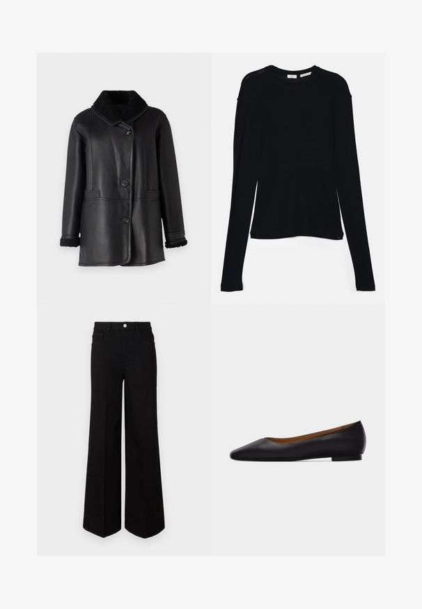 STUDIO ID NAPPA COAT - Nahkjakk - black silky; Must mustärg pikkade varrukatega topp, mis on valmistatud pehmest kangast. Topil on ümar kaelus ja lõdvem lõige, mille ääres on külgedel lõiked, et liikuda mugavalt.; Mustad mustad laiad teksad, millel on kõrge vöökoht, ees taskud ja ees nuppude sulgemine. Üksik serv all.; Mustast nahast terava ninaga madala kontsaga tasasel tallal king, nähtud küljelt helehallil taustal.