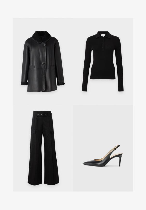 STUDIO ID NAPPA COAT - Kožená bunda - black silky; Čierna polokošeľa s dlhým rukávom vyrobená z mäkkej látky, s golierom, zapínaním na gombíky a priliehavým strihom pre elegantný vzhľad.; Čierne široké nohavice s vysokým pásom, ktoré majú veľké bočné vrecká, dva predné gombíky a detaily v podobe slučiek. Vyrobené z pevnej tkaniny.; Čierne kožené lodičky na odkryté päte s špicatou špičkou, nastaviteľným pásikom a elegantným ihlovým podpätkom, s hladkým povrchom.