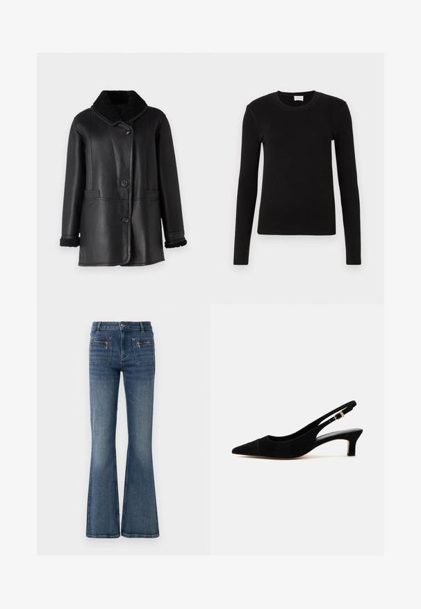 STUDIO ID NAPPA COAT - Kožená bunda - black silky; Čierne tričko s dlhým rukávom vyrobené z mäkkej, hladkej tkaniny. Má okrúhly výstrih a priliehavý strih, bez viditeľných vzorov alebo akcentov.; Modré rifľové nohavice s rozšírenými nohavicami a stredne vysokým pásom, s prednými a zadnými vreckami a jemným vyblednutím.; Čierny semišový slingback lodička s zašpicatenou špičkou, 5 cm nízkym kitten podpäťkom a zlatou prackou na nastaviteľnom remienku päty.