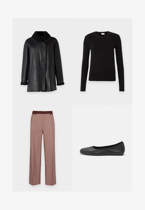 STUDIO ID NAPPA COAT - Kožená bunda - black silky; Čierne tričko s dlhým rukávom vyrobené z mäkkej, hladkej tkaniny. Má okrúhly výstrih a priliehavý strih, bez viditeľných vzorov alebo akcentov.; Široké nohavice s hnedo-krémovým kockovým vzorom, s pevným hnedým pásom a dvomi gombíkmi vpredu na zapínanie.; Čierne kožené baleríny s okrúhlou špičkou, hladkým povrchom, minimálnym prešívaním a flexibilným dizajnom podrážky.