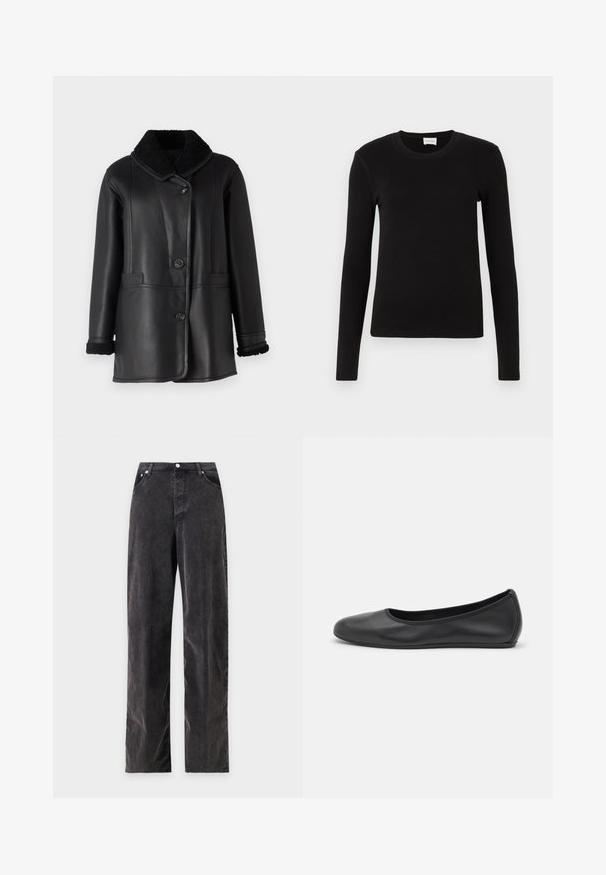 STUDIO ID NAPPA COAT - Δερμάτινο μπουφάν - black silky; Μαύρη μπλούζα μακρυμάνικη από μαλακό, λεία ύφασμα. Διαθέτει στρογγυλή λαιμόκοψη και εφαρμοστή γραμμή, χωρίς εμφανή σχέδια ή διακοσμητικά στοιχεία.; Μαύρα τζιν με υψηλή μέση και ίσια πόδια, με κουμπί εμπρός και τσέπες, απλωμένα επίπεδα σε ανοιχτό γκρι φόντο.; Μαύρο δερμάτινο μπαλαρίνι με στρογγυλή μύτη, λεία υφή, ελάχιστες λεπτομέρειες ραφής και σχεδίαση ευέλικτης σόλας.
