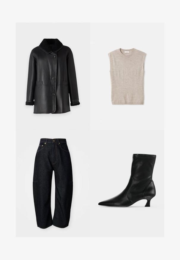STUDIO ID NAPPA COAT - Leren jas - black silky; Lichtbeige mouwloze top van zacht materiaal, met een ronde hals, strakke lijnen en een iets losse pasvorm. Minimalistisch ontwerp.; Donkerdenim jeans met een relaxte pasvorm, voorzien van subtiele oranje stiksels, voorzakken en een platte tailleband met een knoopsluiting.; Zwarte leren midkuitlaars met spitse neus en lage kittenhak, zijaanzicht op een effen lichte achtergrond.