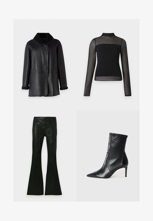 STUDIO ID NAPPA COAT - Lederjacke - black silky; Schwarzes Langarm-Top mit hohem Kragen, solidem Körper und transparenten Ärmeln sowie tailliertem Schnitt. Glatte Textur, minimalistischer Stil.; Schwarze Schlaghose aus glänzendem Material, mit tailliertem Bund, Fünf-Taschen-Design und Knopfverschluss vorne.; Schwarze Stiefeletten aus glattem Leder, mit einer spitzen Zehe, schmalem Schaft und schlanker, hoher Ferse. Minimalistisches Design ohne sichtbare Beschläge.