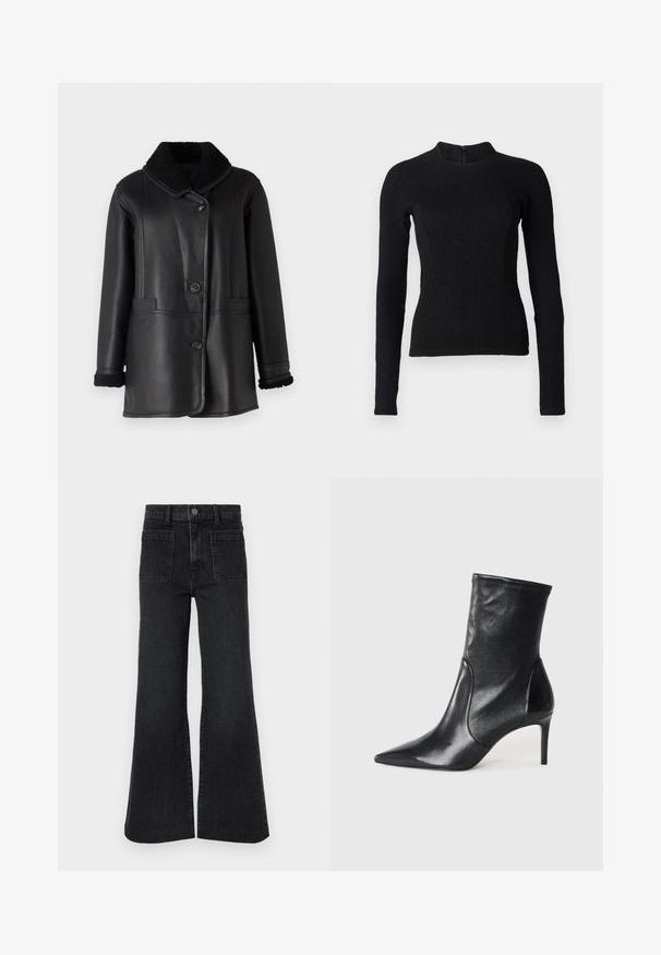 STUDIO ID NAPPA COAT - Kožená bunda - black silky; Čierny dlhý rukáv top s priliehavým strihom, textúrovanou látkou a vysokým golierom. Obsahuje skrytý zips na chrbte pre zapínanie.; Čierne džínsy s vysokým pásom, rozšíreným strihom, očkami na opasok, predným zapínaním na gombíky, zipsom a dvoma veľkými nášivkovými vreckami vpredu na bielom pozadí.; Čierne kotníkové topánky vyrobené z hladkej kože, s špicatou špičkou, priliehavým zvrškom aúzkym vysokým podpätkom. Minimalistický dizajn bez viditeľného kovania.
