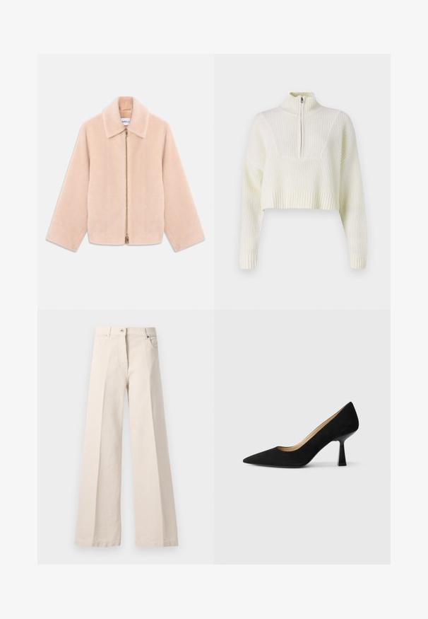 Lys beige faux fur jakke med lange ærmer, krave og guld lynlås åbenning ned gennem midten på en hvid baggrund.; Cremefarvet cropped sweater med lynlås i halsen, ribbet tekstur og brede ærmer. Materialet ser blødt og strikket ud.; Beige højtaljede brede bukser med frontknap, lynlås, bæltestropper og sidelommer på en lys baggrund.; Sorte ruskinds højhælede pumps med spids tå, der har en blank sort blokhæl og en glat indvendig foring.