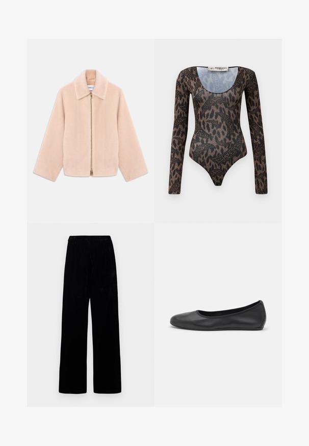 Lichtbeige nepbontjas met lange mouwen, kraag en gouden ritsluiting in het midden op een witte achtergrond.; Langsleeve bodysuit met een bruin en zwart abstract slang- en dierenprint, ronde halslijn en Fiorucci Milano-label in de kraag.; Zwarte wijde broek met elastische tailleband en zachte fluwelen stof, weergegeven tegen een effen lichte achtergrond.; Zwarte leren ballerina met een ronde neus, gladde textuur, minimale stikdetails en een flexibele zoolontwerp.