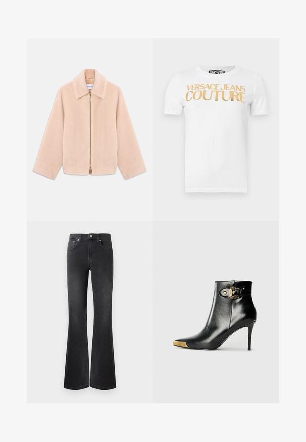 Lys beige faux fur jakke med lange ærmer, krave og guld lynlås åbenning ned gennem midten på en hvid baggrund.; Hvid T-shirt med korte ærmer og guldtekst "VERSACE JEANS COUTURE" trykt hen over brystet.; Sorte flared jeans lavet af denim, med høj talje, fem lommer og metalknaplukning. Glat tekstur med subtil falmning.; Sort ankelstøvle lavet af skinnende læder med spids tå, stilet hæl og guldfarvet hardware med en dekorativ spænde-detalje.
