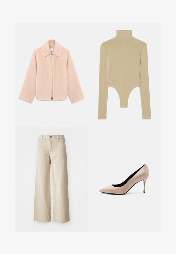 Lys beige faux fur jakke med lange ærmer, krave og guld lynlås åbenning ned gennem midten på en hvid baggrund.; Beige langærmet turtleneck top i glat stof, med en udskåret bund, der har en tætsiddende facon og minimalisk design.; Beige brede bukser lavet af denim med høj talje, knaplukning, bæltesløjfer og sidelommer. Glat tekstur og afslappet pasform.; Beige laklæder peep-toe højhælet sko med smal stilet-hæl og sort inderfor på hvid baggrund.