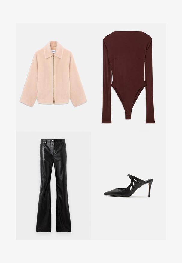 Lys beige faux fur jakke med lange ærmer, krave og guld lynlås åbenning ned gennem midten på en hvid baggrund.; Mørkebrun langærmet bodystocking med høj halsudskæring og tætsiddende silhuet, lagt fladt på en hvid baggrund.; Rabanne Loose-jeans - black; Sorte læder højhælede mules med spids tå, udskåret sideskærm og glat tekstur. Stiletthæl og subtil syning.