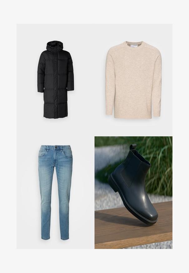Schwarzer Puffer-Mantel mit Kapuze, der eine lange Silhouette und große, gesteppte Abschnitte aufweist. Enthält einen Frontreißverschluss und Seitentaschen.; Hellbeige gestrickter Pullover mit Rundhalsausschnitt, langen Ärmeln und gerippten Bündchen; verfügt über einen strukturierten Stoff und ein einfaches Design.; Hellblaue Denim-Jeans, gerade geschnitten, mit einem Fünf-Taschen-Design, ausgestattet mit einem Knopfverschluss und dezenten Ausbleichungen für Textur und Details.; Schwarze Leder-Ankleboots mit glatter Oberfläche, elastischen Seiten und einer Schlaufe als Zuglasche, die auf einer Holzoberfläche vor einem verschwommenen Hintergrund stehen.