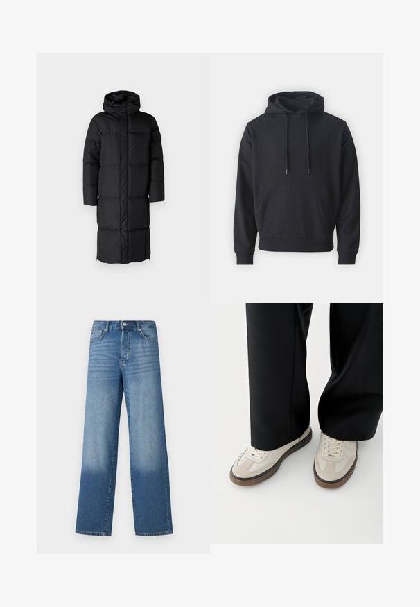 Schwarzer Puffer-Mantel mit Kapuze, der eine lange Silhouette und große, gesteppte Abschnitte aufweist. Enthält einen Frontreißverschluss und Seitentaschen.; Schwarzer Kapuzenpullover, Material aus Baumwollmischung, vordertasche, verstellbare Kordeln, gerippte Bündchen und Saum, glatte Textur.; Blaue hochgeschnittene Straight-Leg-Jeans mit Ausbleichungen an den Oberschenkeln und dunklerem Schatten nahe den Säumen, sichtbare vordere Knöpfe und Taschen.; Füße mit beigen Sneakers mit braunen Sohlen und schwarzen Hosen mit weitem Bein auf weißem Hintergrund.