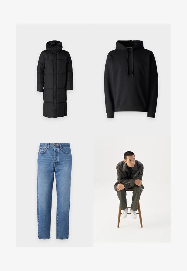 Abrigo acolchado negro con capucha, que presenta una silueta larga y grandes secciones acolchadas. Incluye un cierre frontal y bolsillos laterales.; Sudadera con capucha negra hecha de tejido suave, cuenta con un bolsillo canguro, puños acanalados y un cordón ajustable en la capucha.; Jeans de mezclilla azul claro con corte recto, cinco bolsillos y cierre de botón. Textura deslavada con ligeras arrugas en la parte frontal.; Joven con chaqueta de cuero oscura y vaqueros sentado en un taburete de madera, inclinado hacia adelante con los brazos cruzados, mirando hacia un lado contra un fondo blanco.