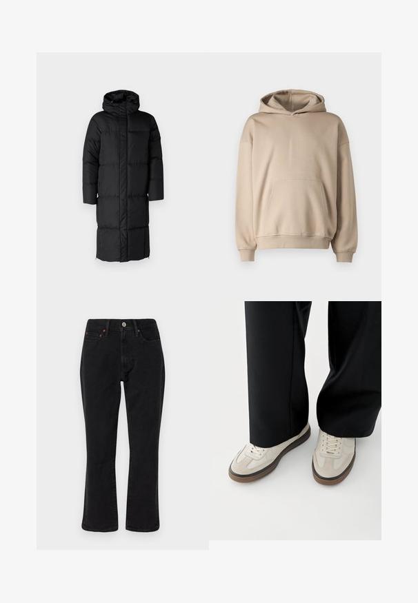 Schwarzer Puffer-Mantel mit Kapuze, der eine lange Silhouette und große, gesteppte Abschnitte aufweist. Enthält einen Frontreißverschluss und Seitentaschen.; Beige Kapuzenpullover, weicher Stoff, lockere Passform, Kängurutasche, gerippte Bündchen und Saum, minimalistisches Design, glatte Textur.; Schwarze Jeans aus Denim mit geradem Bein, Fünf-Taschen-Design und metallischen Elementen mit Kupferakzenten. Glatte Textur und mittelhoher Bund.; Füße mit beigen Sneakers mit braunen Sohlen und schwarzen Hosen mit weitem Bein auf weißem Hintergrund.