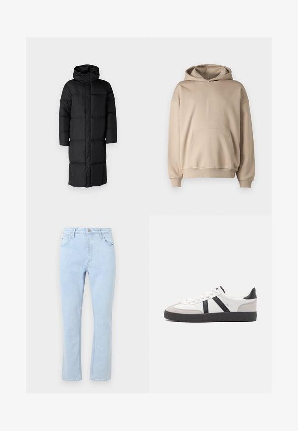 Abrigo acolchado negro con capucha, que presenta una silueta larga y grandes secciones acolchadas. Incluye un cierre frontal y bolsillos laterales.; Sudadera con capucha beige, tejido suave, corte holgado, bolsillo canguro, puños y bajo acanalados, diseño minimalista, textura suave.; Vaqueros de mezclilla azul claro con un diseño de pierna recta, cinco bolsillos, textura desgastada y un cierre de botón metálico en la cintura.; Zapatilla blanca con acentos en negro y gris, que presenta una puntera texturizada en gris, suela de goma negra y cordones planos blancos. Diseño limpio, estilo minimalista.