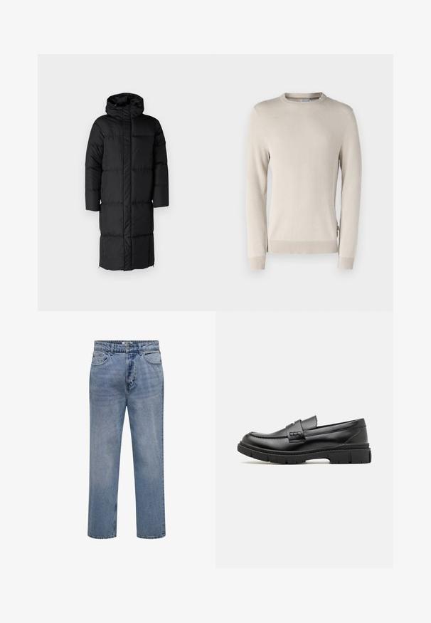 Schwarzer Puffer-Mantel mit Kapuze, der eine lange Silhouette und große, gesteppte Abschnitte aufweist. Enthält einen Frontreißverschluss und Seitentaschen.; Beige Strickpullover mit strukturiertem Muster, Rundhalsausschnitt sowie gerippten Bündchen und Saum. Hergestellt aus weichem, atmungsaktivem Material.; Hellblaue Jeans mit geradem Bein, Knopf- und Reißverschluss sowie vorderen und hinteren Taschen.; Schwarze Lederloafer mit einem breiten Riemen über dem Rist, Gummisohle mit dicken Profilen und glatter Textur. Klassisches, schlankes Design.