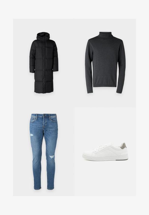 Schwarzer Puffer-Mantel mit Kapuze, der eine lange Silhouette und große, gesteppte Abschnitte aufweist. Enthält einen Frontreißverschluss und Seitentaschen.; Dunkelgrauer Rollkragenpullover aus weichem Material, mit langen Ärmeln sowie gerippten Bündchen und Saum, mit einer glatten, gleichmäßigen Textur.; Verblasste blaue Jeans im Slim-Fit, mit zerstörten Stellen an den Knien, einem Knopfverschluss und einem Fünf-Taschen-Design.; Weißer Sneaker aus glattem Leder, runde Zehenpartie, minimalistisches Design, graue Fersenkante und strukturierte Gummisohle.