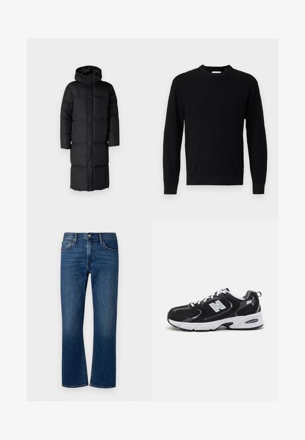 Schwarzer Puffer-Mantel mit Kapuze, der eine lange Silhouette und große, gesteppte Abschnitte aufweist. Enthält einen Frontreißverschluss und Seitentaschen.; Schwarzer Pullover mit Rundhalsausschnitt, langen Ärmeln, Rippstrickstruktur und eng anliegenden Bündchen, präsentiert vor einem schlichten hellgrauen Hintergrund.; Dunkelblaue Denim-Jeans im geraden Schnitt, mit mittelhohem Bund, fünf Taschen-Design und subtiler ausgewaschener Textur an der Vorderseite.; Schwarze und graue Sportschuhe mit Obermaterial aus Mesh und Wildleder, ausgestattet mit einer weißen Zwischensohle, Schnürsenkeln und einem markanten "N"-Logo an der Seite.