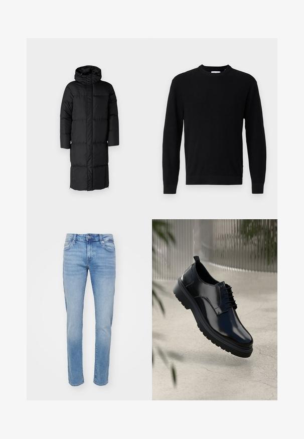Sort puffet jakke med hætte, der har en lang silhuet og store quiltede sektioner. Inkluderer en frontlynlås og sidelommer.; Sort langærmet sweater med rund hals, ribstrikket tekstur og tætsiddende manchetter, vist på en ensartet lysegrå baggrund.; Lysblå denim jeans med lige ben, subtil falmning, fem lommer og en knaplukning i taljen.; Sorte lædersko med en blank overflade, rund tå, snøredesign, kontrastsyninger og en tyk gummisål med mønster.