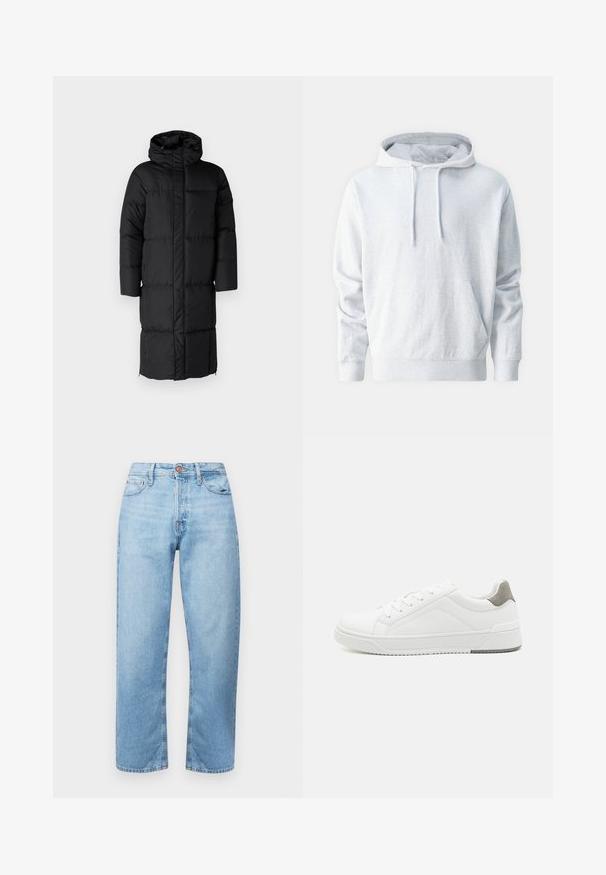 Sort puffet jakke med hætte, der har en lang silhuet og store quiltede sektioner. Inkluderer en frontlynlås og sidelommer.; Grå pullover hoodie lavet af blødt stof, med en kengurulomme, snoretræk i hætten og ribbede manchetter ved ærmerne og livet.; Lys blå denim jeans med lige snit, fem-lomme design og knaplukning. Glat tekstur og minimal slid, med syede detaljer.; Hvid sneaker lavet af glat læder, rund tå, minimalistisk design, grå hælafsats og tekstureret gummisål.
