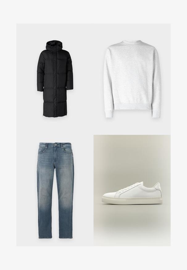 Čierny prešívaný kabát s kapucňou, s dlhým strihom a veľkými prešívanými sekciami. Obsahuje predný zips a bočné vrecká.; Svetlosivý crewneck sveter vyrobený z mäkkej fleecovej látky, s rebrovanými manžetami a spodným okrajom, s hladkým texturovaným povrchom.; Svetlo modré džíny z denimu so strižením na rovno, dizajnom s piatimi vreckami, kovovým zapínaním a jemným vyblednutím na prednej strane.; Biela nízka teniska so šnurovaním vpredu a hrubou podrážkou, zobrazená zboku na neutrálom pozadí.
