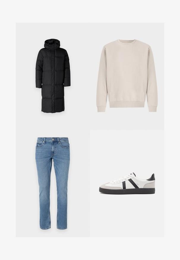 Zwarte pufferjas met capuchon, met een lange silhouet en grote gequilte delen. Voorzien van een voerritssluiting en zijzakken.; Beige crewneck sweatshirt gemaakt van zachte katoen, met een ontspannen pasvorm, ribgebreide boorden en zoom, zonder zichtbare patronen of hardware.; Blauwe rechte spijkerbroek met voorzakken, riemlussen en een knopen sluiting.; Witte sneaker met zwarte en grijze accenten, voorzien van een grijze neus met textuur, zwarte rubberen zool en platte witte veters. Schoon ontwerp, minimalistische stijl.
