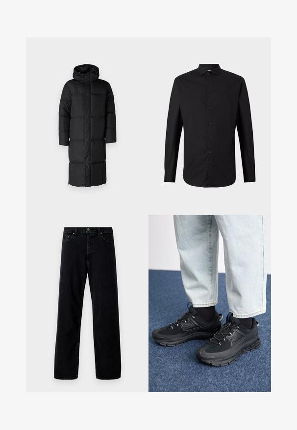 Zwarte pufferjas met capuchon, met een lange silhouet en grote gequilte delen. Voorzien van een voerritssluiting en zijzakken.; Zwarte langemouwen shirt van geweven stof, met een knoopsluiting aan de voorkant, kraag en een klassieke pasvorm. Soepele textuur en minimalistisch ontwerp.; Hollister Co. Baggy jeans - washed black; Zwarte sportschoenen met gestructureerde stof en rubberen zolen, met elastische veters en een blauwe accent op de hiel. Draag samen met lichte spijkerbroeken.