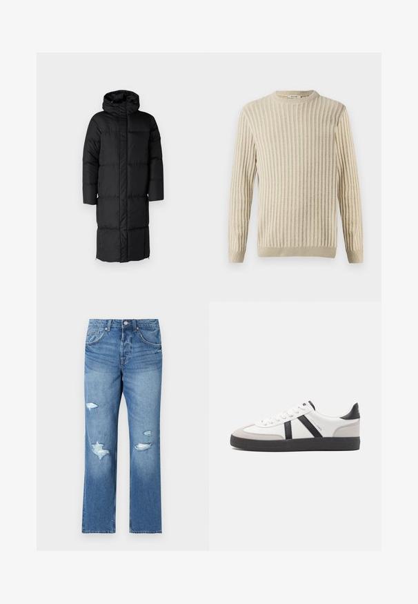 Abrigo acolchado negro con capucha, que presenta una silueta larga y grandes secciones acolchadas. Incluye un cierre frontal y bolsillos laterales.; Only & Sons ONSBRANT CREW KNIT - Camiseta estampada - beige; Jeans de mezclilla azul claro con un ajuste regular, que presentan parches desgastados y bordes deshilachados. Cierre de botón y diseño de cinco bolsillos.; Zapatilla blanca con acentos en negro y gris, que presenta una puntera texturizada en gris, suela de goma negra y cordones planos blancos. Diseño limpio, estilo minimalista.
