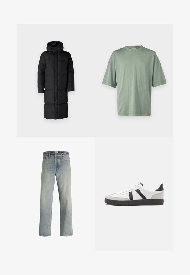 Schwarzer Puffer-Mantel mit Kapuze, der eine lange Silhouette und große, gesteppte Abschnitte aufweist. Enthält einen Frontreißverschluss und Seitentaschen.; Helles grünes Kurzarm-T-Shirt mit rundem Halsausschnitt und lockerer Passform; aus weichem Material mit glatter Textur gefertigt.; Helle blaue Jeans mit einem schnittigen, geraden Bein, hoher Taille und subtiler Ausbleichung. Verfügt über fünf Taschen und einen klassischen Knopfverschluss.; Weiße Sneaker mit schwarz- und grau-aczenten, ausgestattet mit einer strukturierten grauen Zehenkappe, schwarzer Gummi-Sohle und flachen weißen Schnürsenkeln. Sauberes Design, minimalistische Stil.