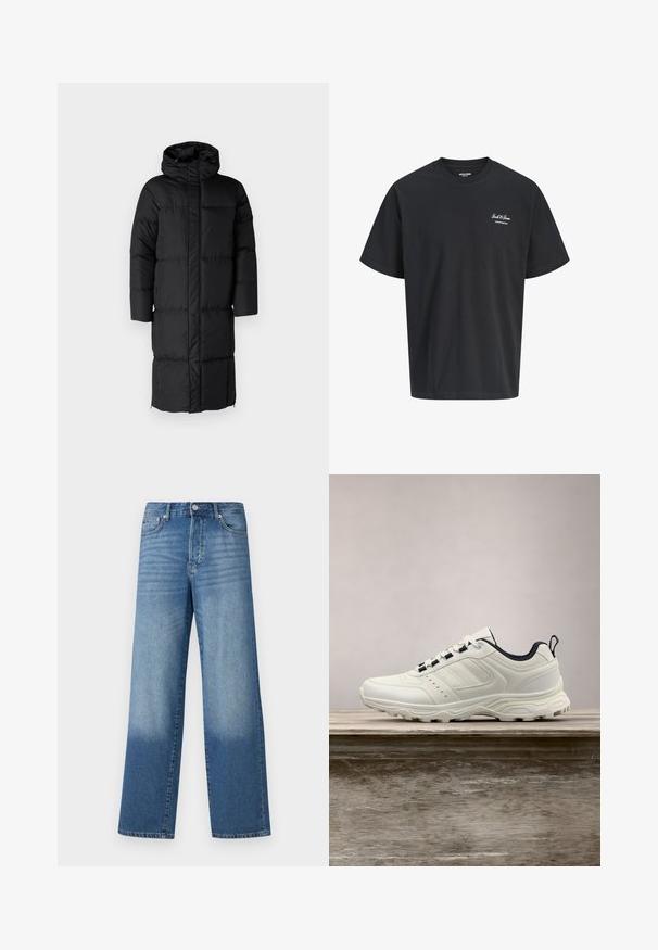 Zwarte pufferjas met capuchon, met een lange silhouet en grote gequilte delen. Voorzien van een voerritssluiting en zijzakken.; Zwart T-shirt met korte mouwen, ronde hals en klein wit "Jack & Jones Archive Selection"-logo op de linkerborst.; Blauwe high-waisted straight-leg jeans met vervagingen op de dijen en donkerdere schaduwen nabij de zoom, met zichtbare knoop en zakken aan de voorkant.; Witte sportschoen met een gestructureerd synthetisch bovenwerk, zwarte accenten en zes veterogen. Voorzien van een dikke rubberen zool en geperforeerde details.
