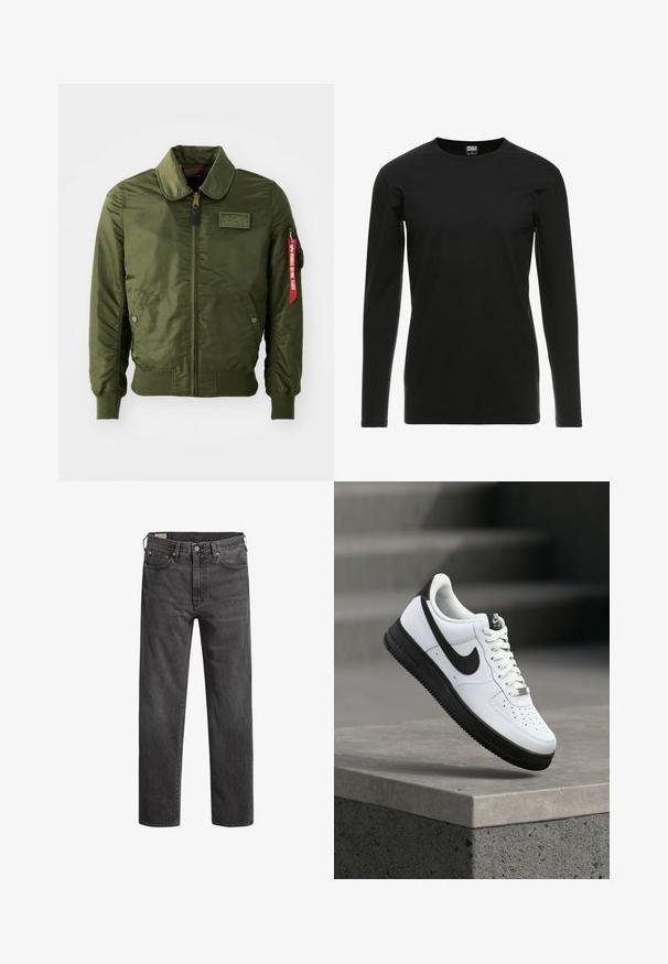 Olivengroene bomberjack met ritssluiting, ronde kraag, geribde manchetten, twee zijzakken en een rood stoffen label aan de mouw.; Urban Classics STRETCH TERRY - Longsleeve - black; Donkergrijze spijkerbroeken met rechte pijpen, vijf zakken en koperen klinknagels. Klassiek ontwerp met een licht vervaagde textuur.; Witte leren sneaker met zwarte accenten, afgeronde neus en geperforeerde details. Zwarte rubberen zool met een gestructureerd patroon en vetersluiting.