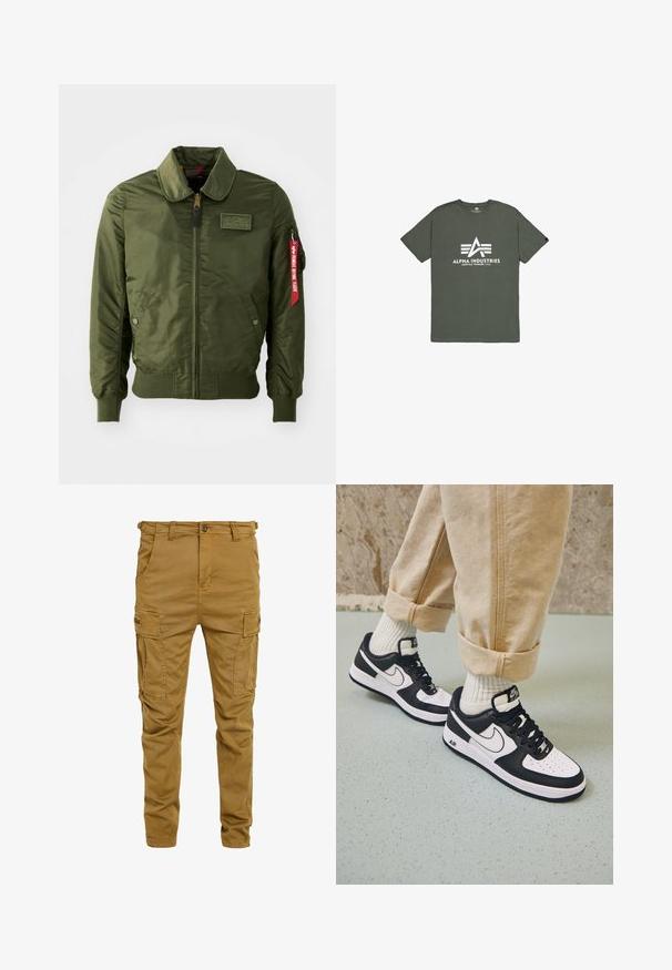 Olivengroene bomberjack met ritssluiting, ronde kraag, geribde manchetten, twee zijzakken en een rood stoffen label aan de mouw.; Olijfgroene katoenen T-shirt met korte mouwen en een ronde hals. Voorzien van een wit "Alpha Industries" logo en een diagonaal streepdessin.; Khaki cargobroek gemaakt van stevige katoenmix, met meerdere zijzakken, een knoopsluiting en een iets taps toelopend beenontwerp.; Zwart-witte Nike Air Force 1 sneakers met een leren bovenwerk, geperforeerde neus en gestructureerde zooldetails, gedragen met opgerolde beige broek en witte sokken.