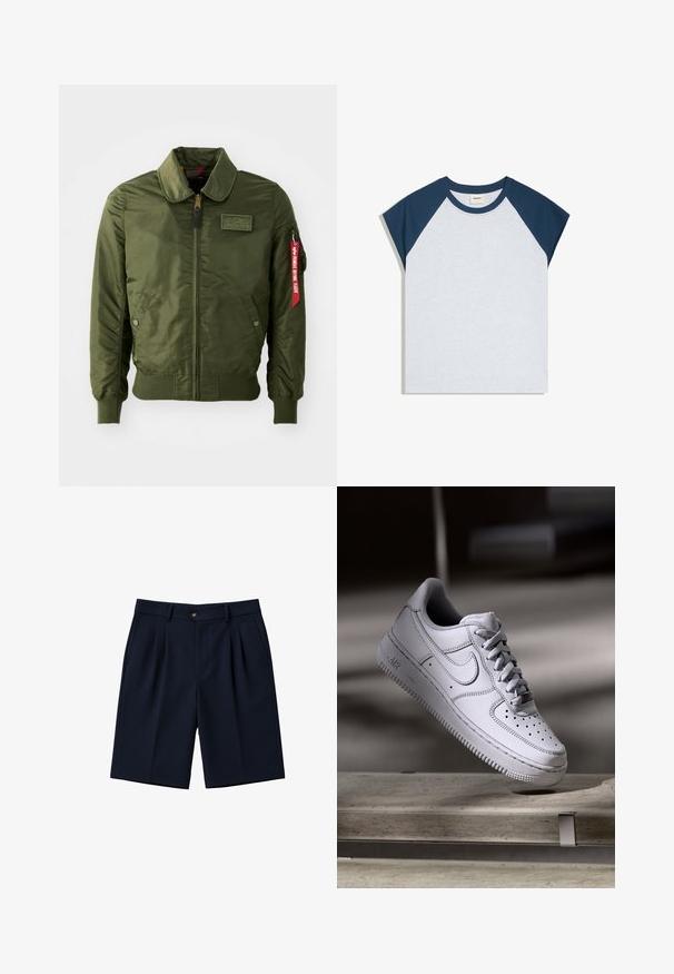Olivgrüne Bomberjacke mit Reißverschluss, rundem Kragen, gerippten Bündchen, zwei Seitentaschen und einem roten Stoffetikett am Ärmel.; Kurzärmliges T-Shirt mit weißem Körper und dunkelblauen Raglanärmeln und Kragen, flach auf weißem Hintergrund liegend.; Dunkelmarineblaue, maßgeschneiderte Shorts mit Falten, Seitentaschen, Gürtelschlaufen und einer vorderen Knopfleiste.; Weißer Nike Air Force 1 Sneaker aus Leder mit perforierter Zehenpartie, flachen Schnürsenkeln und strukturierter Gummisohle mit "AIR"-Branding an der Seite.