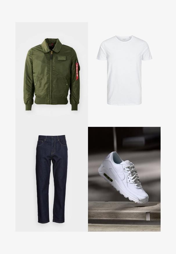 Olivgrüne Bomberjacke mit Reißverschluss, rundem Kragen, gerippten Bündchen, zwei Seitentaschen und einem roten Stoffetikett am Ärmel.; Rundhals-T-Shirt mit kurzen Ärmeln in reinem Weiß, aus weicher Baumwolle, mit einem schlichten Design ohne sichtbare Muster oder Akzente.; Dunkelblaue Denim-Jeans mit geradem Schnitt, fünf Taschen und kontrastierendem gelben Nähten. Mit einem klassischen Knopf- und Reißverschluss ausgestattet.; Weiße Lederturnschuhe mit strukturierten Oberflächen, gepolstertem Kragen und sichtbarer Luftpolsterung in der Sohle. Verfügt über Schnürsenkel und ein minimalistisches Design.