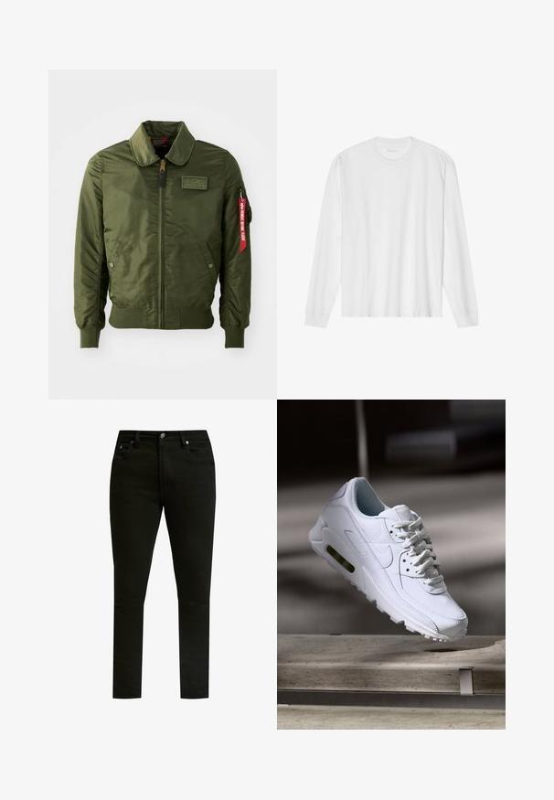 Olivengroene bomberjack met ritssluiting, ronde kraag, geribde manchetten, twee zijzakken en een rood stoffen label aan de mouw.; Wit, lang katoen T-shirt met lange mouwen en ronde hals, met geribde manchetten en een rechte zoom, een gladde textuur en een minimalistisch ontwerp.; Zwarte spijkerbroeken met een slim fit, voorzien van een klassiek vijf-pocket ontwerp, metalen knoopsluiting en subtiele stikdetails.; Witte leren sneaker met gestructureerde oppervlakken, gevoerde kraag en zichtbare luchtbescherming in de zool. Heeft veters en een minimalistisch ontwerp.