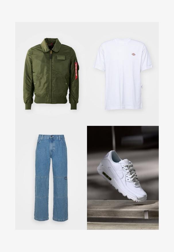 Veste bomber vert olive avec fermeture éclair, col rond, poignets côtelés, deux poches latérales et une étiquette en tissu rouge sur la manche.; T-shirt en coton blanc avec un col en V et des manches courtes. Présente un petit logo coloré brodé sur la poitrine gauche. Texture douce.; Jeans en denim bleu clair avec une coupe décontractée, présentant des panneaux en patchwork, une fermeture par bouton supérieur, un design à cinq poches et un logo subtilement apposé sur la jambe.; Baskets blanches en cuir avec des surfaces texturées, un col rembourré et un amorti d'air visible dans la semelle. Elles possèdent des lacets et un design minimaliste.