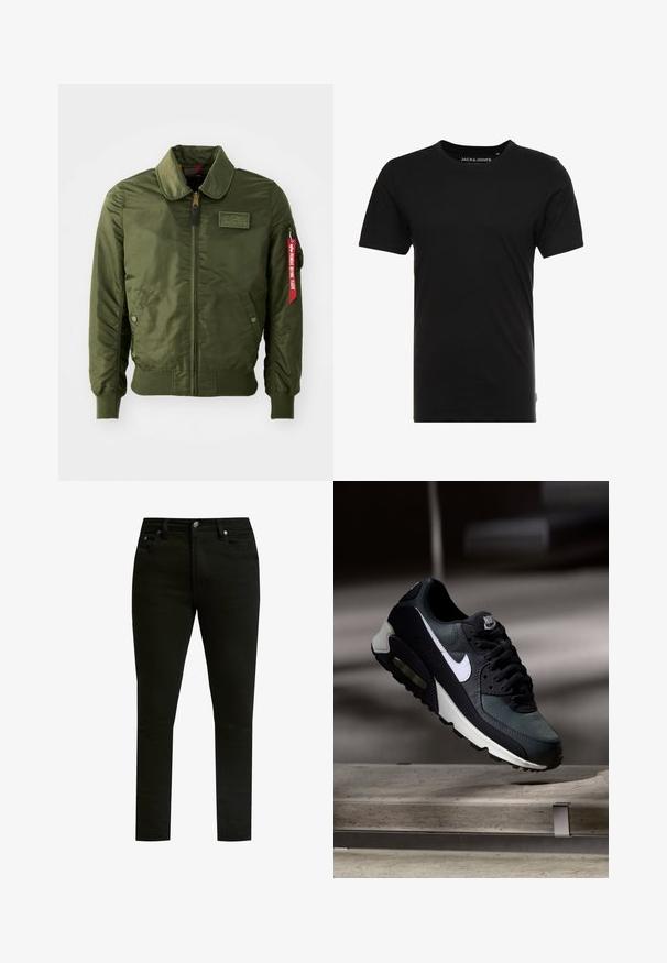 Olivgrüne Bomberjacke mit Reißverschluss, rundem Kragen, gerippten Bündchen, zwei Seitentaschen und einem roten Stoffetikett am Ärmel.; Schwarzes T-Shirt mit kurzen Ärmeln aus Baumwolle, mit einem Rundhalsausschnitt und einem dezenten Logo-Tag an der Seite. Einfaches und vielseitiges Design.; Schwarze Jeans aus Denim mit schmaler Passform, klassischem Fünf-Taschen-Design, Metallknopfverschluss und dezenten Nähdetails.; Schwarzer und grauer Nike Air Max Sneaker mit weißem Swoosh, schwebend über einer Betonfläche vor einem verschwommenen dunklen Hintergrund.