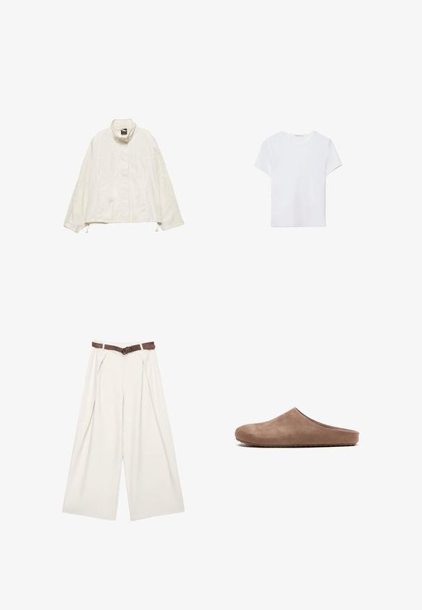 Veste courte blanche avec col montant, coupe ample, tissu texturé et cordons réglables à l'ourlet et aux poignets.; T-shirt blanc à manches courtes en tissu doux. Dispose d'un col rond et d'un design simple et épuré avec un ourlet droit.; Pantalon crème taille haute à jambes larges avec plis et ceinture en cuir marron à la taille, posé à plat sur un fond blanc.; Mule en daim marron à enfiler avec bout rond fermé et semelle plate texturée, photographiée de profil sur un fond blanc.