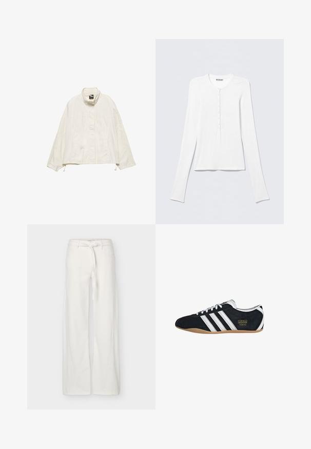 Veste courte blanche avec col montant, coupe ample, tissu texturé et cordons réglables à l'ourlet et aux poignets.; Chemise Henley blanche à manches longues avec col rond et une rangée verticale de petits boutons au centre devant.; Pantalon blanc à jambes larges avec poches avant et ceinture en tissu nouée à la taille, présenté sur un fond uni.; Sneakers en suede noir avec trois bandes blanches, logo doré et semelle en caoutchouc marron. Présente un design à lacets à profil bas.