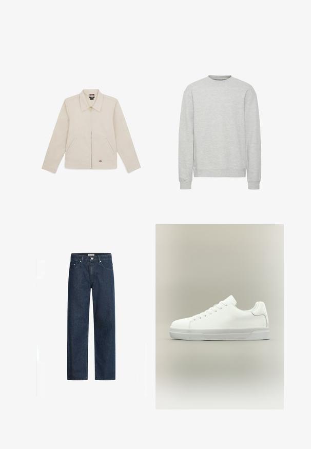 Beige Jacke aus glattem Stoff, mit Kragen, Frontreißverschluss, zwei seitlichen Taschen und einem gestickten Logo unten rechts.; Hellegrauer Sweatshirt mit Rundhalsausschnitt, langen Ärmeln, gerippten Bündchen und Saum, aus weichem, texturiertem Stoff. Einfaches Design, ohne Muster.; Dunkelblaue Jeans mit geradem Schnitt, klassischem Fünf-Taschen-Design und Reißverschluss. Mit silberfarbener Hardware und Stitching-Details.; Weißer Sneaker in niedriger Schnittform mit Schnürung vorne, gepolstertem Kragen und strukturiertem Gummisohle, seitlich auf neutralem Hintergrund dargestellt.