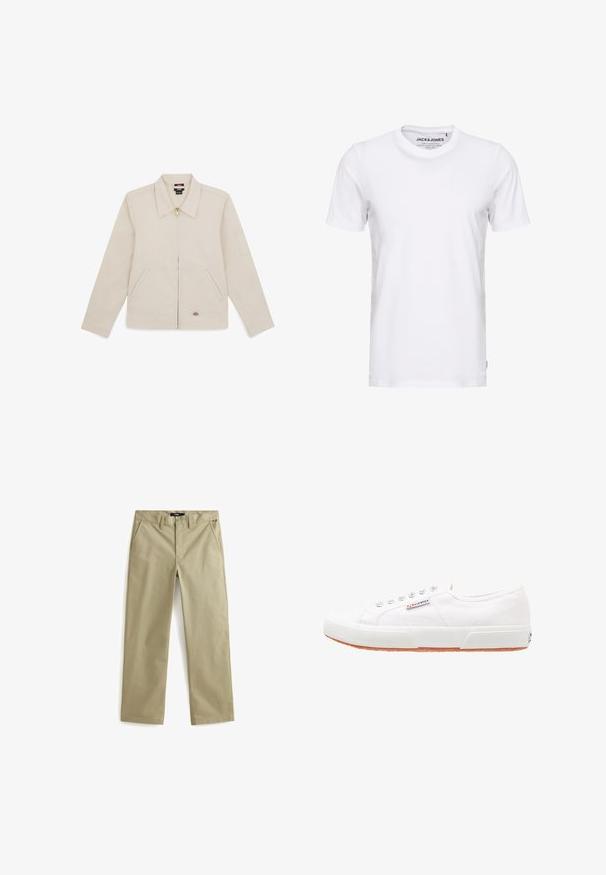 Chaqueta beige de tejido suave, con collar, cremallera frontal, dos bolsillos laterales y un logo bordado en la parte inferior derecha.; Camiseta de manga corta blanca, hecha de algodón, con cuello redondo y un diseño sencillo. Etiqueta de la marca visible en la zona del cuello. Sin patrones ni detalles.; Chinos de algodón beige con un diseño de pierna recta, que cuentan con dos bolsillos frontales y un cierre de botón clásico. Textura suave, acentos mínimos.; Zapatillas de lona blancas con suela de goma, diseño de cordones y una pequeña etiqueta con el logo en el lateral. Parte superior texturizada blanca y suela marrón.
