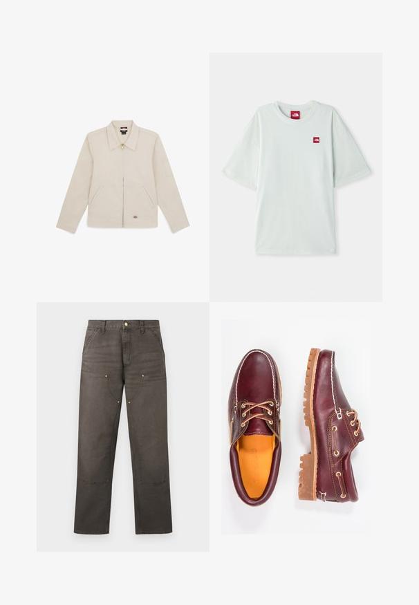 Beige Jacke aus glattem Stoff, mit Kragen, Frontreißverschluss, zwei seitlichen Taschen und einem gestickten Logo unten rechts.; Hellgrünes Kurzarm-T-Shirt aus weicher Baumwolle, mit einem kleinen roten Logostein auf der linken Brustseite. Entspannte Passform und runder Halsausschnitt.; Braune gerade geschnittene Arbeitshose mit verstärkten Knieschonern, Fronttaschen, Gürtelschlaufen und Knopfverschluss.; Bordeauxfarbene Lederschuhe mit braunen Gummisohlen, runder Zehenform, weißen Nähten und goldenen Ösen. Das Innenfutter weist eine gelbe Beschichtung auf.