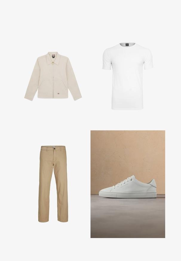 Chaqueta beige de tejido suave, con collar, cremallera frontal, dos bolsillos laterales y un logo bordado en la parte inferior derecha.; Camiseta blanca lisa de manga corta con cuello redondo y una etiqueta negra en el interior del cuello sobre un fondo blanco.; Pantalones beige de corte recto con cierre de botones, trabillas para cinturón y bolsillos delanteros, mostrados sobre un fondo blanco.; Zapatilla baja de cuero blanco con cordones, suspendida en el aire sobre una alfombra beige texturizada, cerca de una mesa de café redonda de madera con libros.