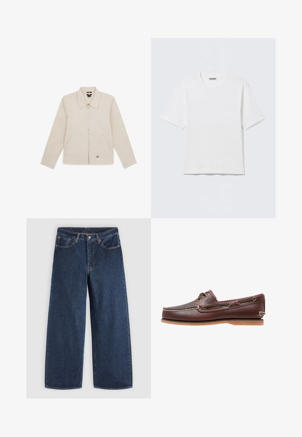 Chaqueta beige de tejido suave, con collar, cremallera frontal, dos bolsillos laterales y un logo bordado en la parte inferior derecha.; Camiseta blanca lisa de manga corta con cuello redondo y una pequeña etiqueta "WEEKDAY" en el interior del cuello trasero, mostrada sobre una superficie plana.; Vaqueros vaqueros azul oscuro de pierna ancha con bolsillos delanteros, cierre de botones y trabillas para cinturón, extendidos sobre un fondo claro.; Zapato náutico de cuero marrón con costuras blancas, detalles de cordones y suela de goma color coñac, mostrado de lado sobre un fondo blanco.