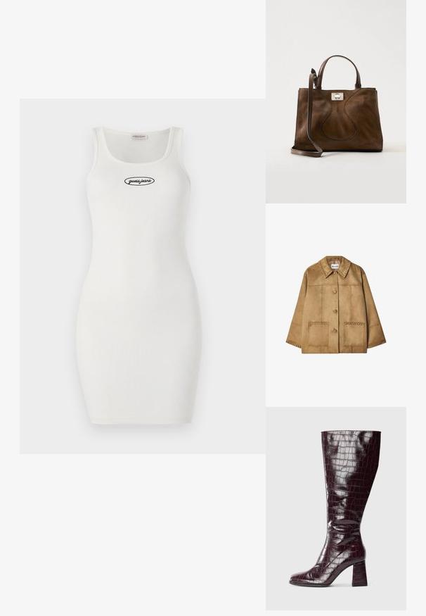 Brun ruskindjakke med krave, frontlukning med knapper, to store lommer og dekorativ syning langs skuldre og lommer.; Hvid ribbet bodycon-kjole med rund halsudskæring og tynde stropper, der har et sort broderet "guess.jeans" logo på forsiden.; Mørkerød knæhøj støvle med krokodillemønster og blokhælm, vist fra siden på en hvid baggrund.; Brun ruskindshåndtaske med læderhåndtag og justerbar skulderrem, med en sølvfarvet spænde på en ensfarvet hvid baggrund.